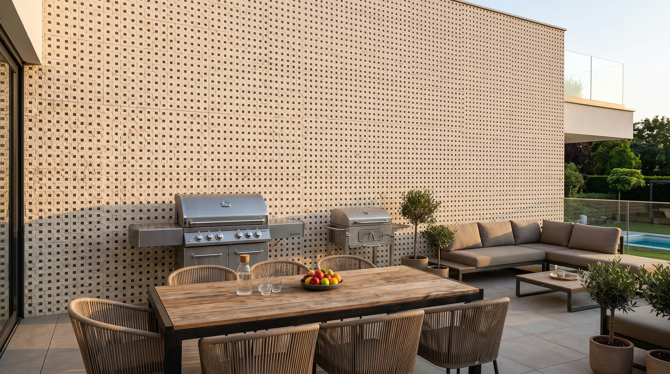 Terraza contemporánea de piedra y celosía
