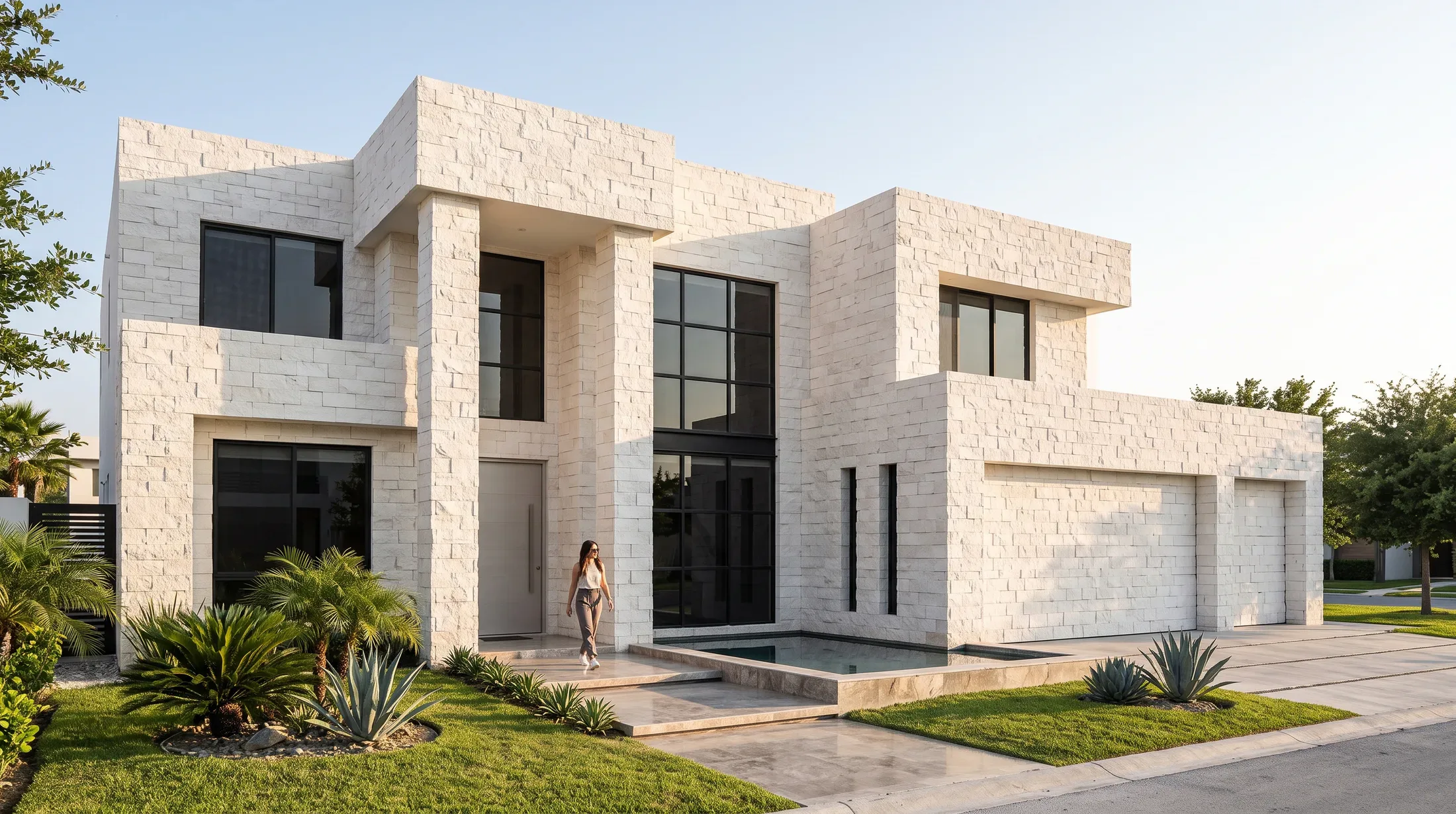 Fachada contemporánea revestida con piedra clara